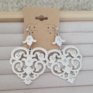 Source Unknown Silver Heart Filigree Earrings